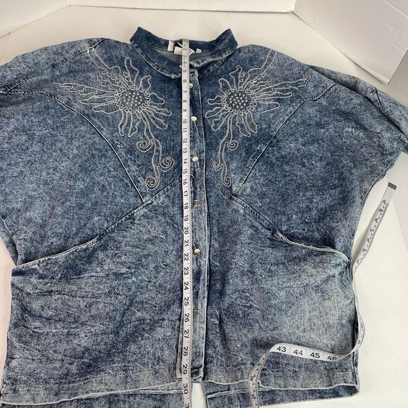Vintage Tina Woo For Mass Denim Button Up Jacket, Medium, Blue, Flowers, - Picture 5 of 6